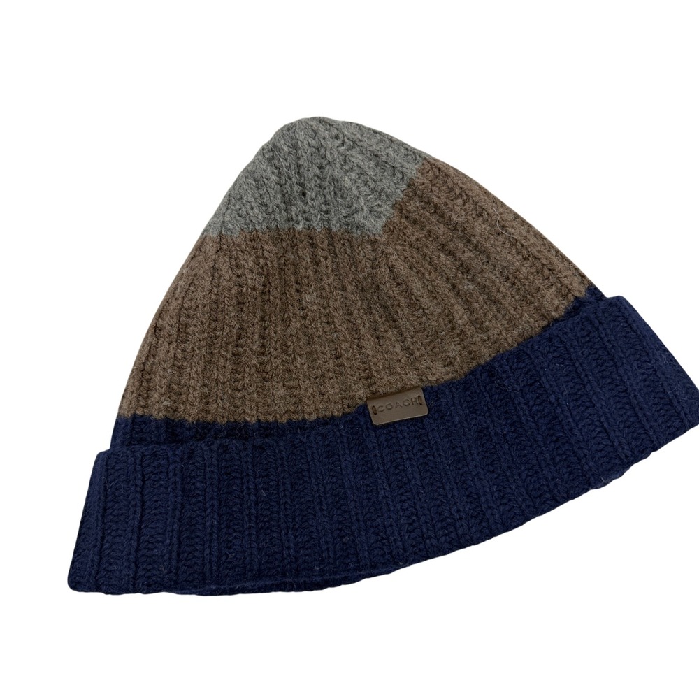 Coach Beanie Mens O/S Navy Blue Brown Grey Colorblock Merino Wool Leather Patch